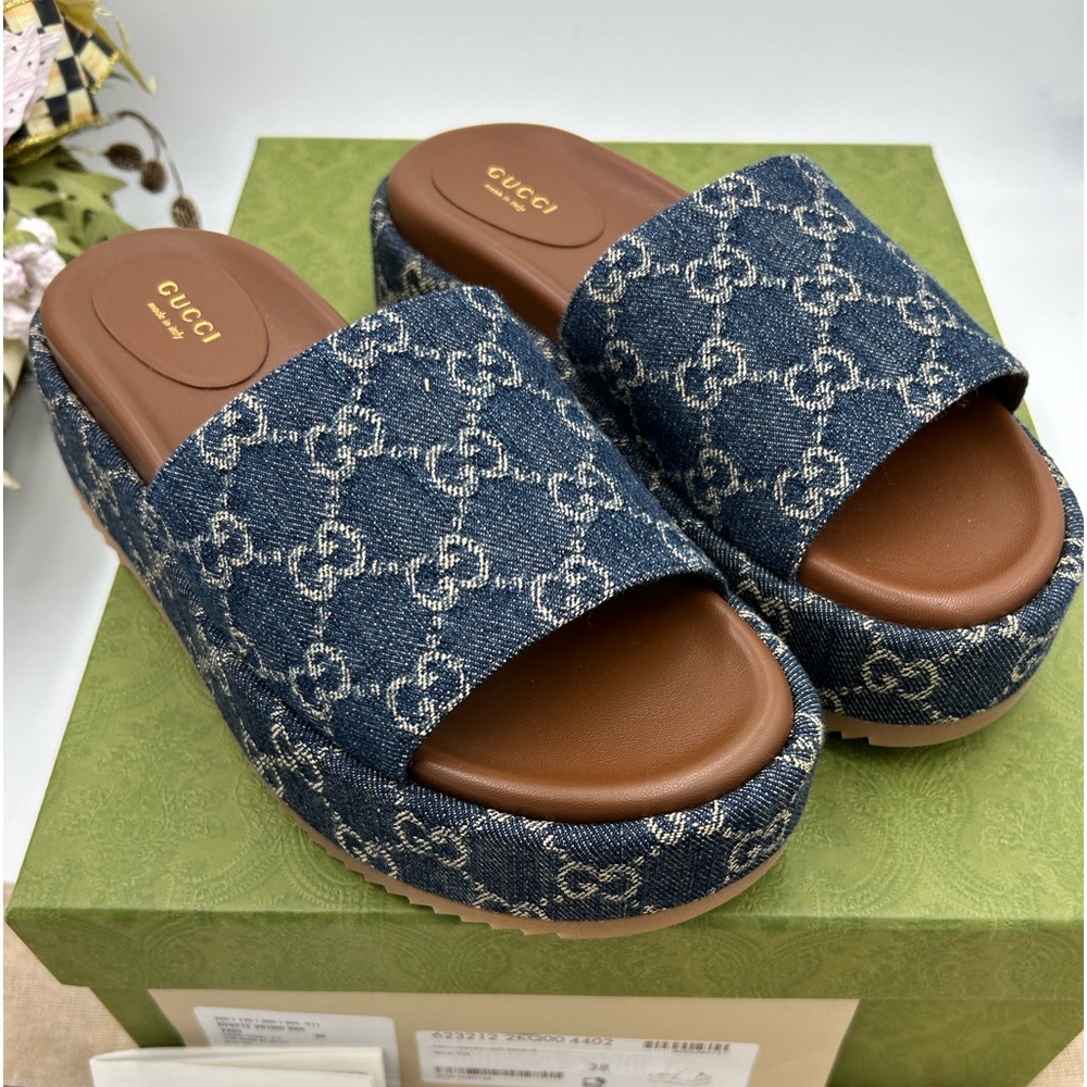 Women’s Gucci denim GG platform sandals size 38 made in Italy